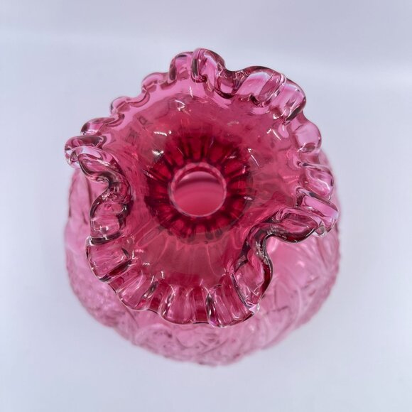 vintage fenton cranberry swans and cattails hand blown vase ruffle top - Picture 6 of 9